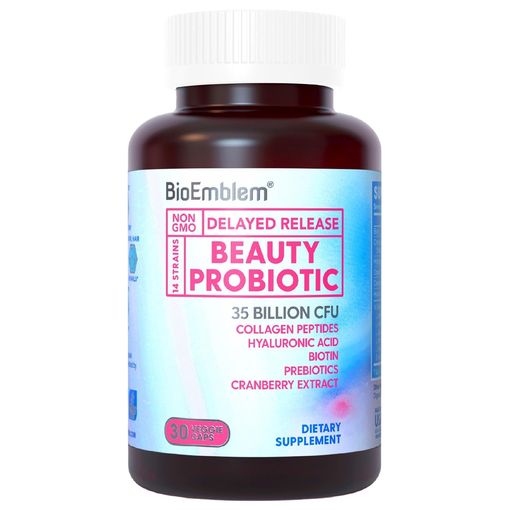 BioEmblem Beauty Probiotics for Women, 35 δισεκατομμύρια CFU 14 Strains with Biotin, Collagen, Prebiotics for Digestive Health, Hair Skin and Nails, Vaginal Probiotics Supplement, Ruffel Stable, 30 Caps