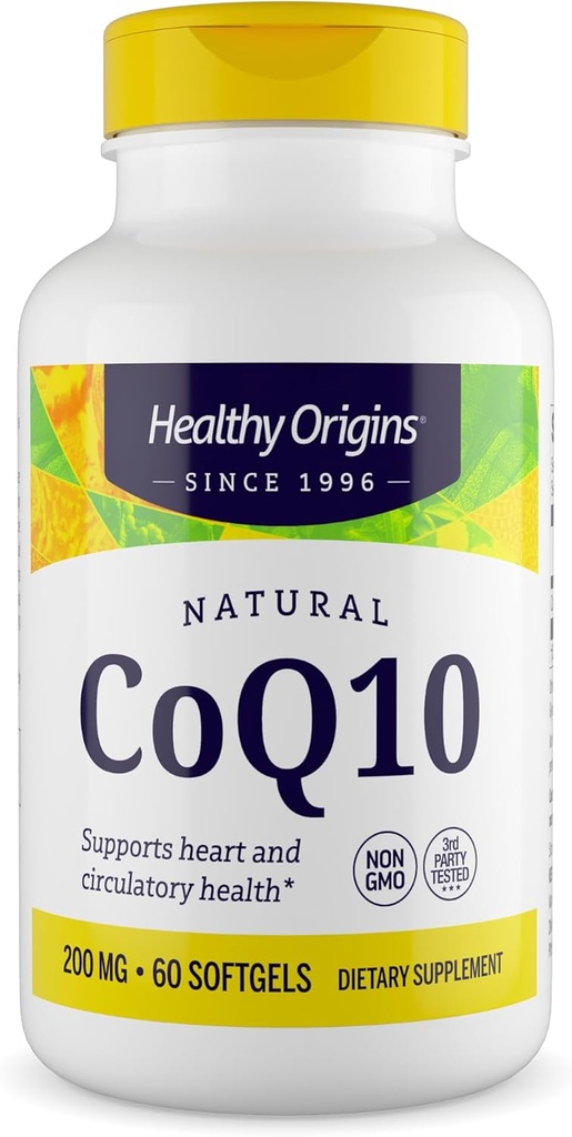 Healthy Origins® CoQ10 200 mg – Φυσικό trans-ισομερές Ubiquinone – Ζυμωμένη ζύμη, υποστηρίζει την υγεία της καρδιάς & κυτταρική ενέργεια – μη GMO 60 Softgels