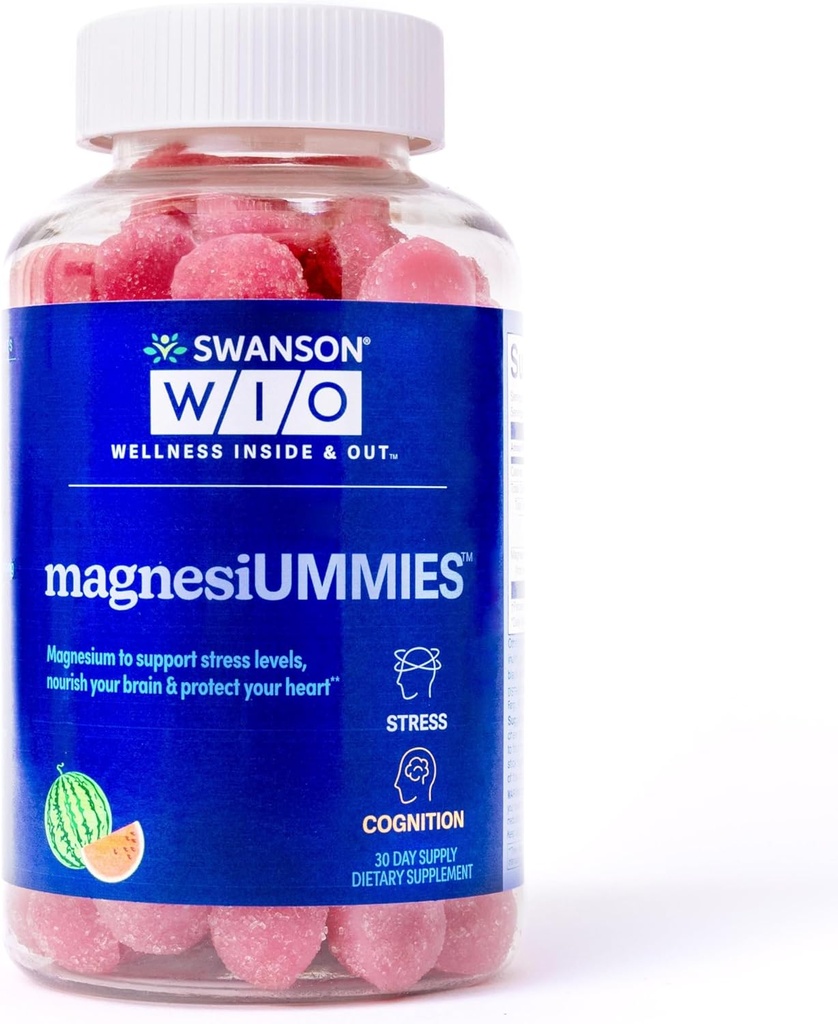 Swanson WIOTM magnesiUMMIESTM Υποστήριξη του στρες, Υγεία της καρδιάς, Στρες, Καρπούζι, Μαγνήσιο 336mg, Vegan, Μη-GMO, Χωρίς γλουτένη, Υγεία των οστών - Μπουκάλι 12oz, 120 Gummies (30-Day Supply)