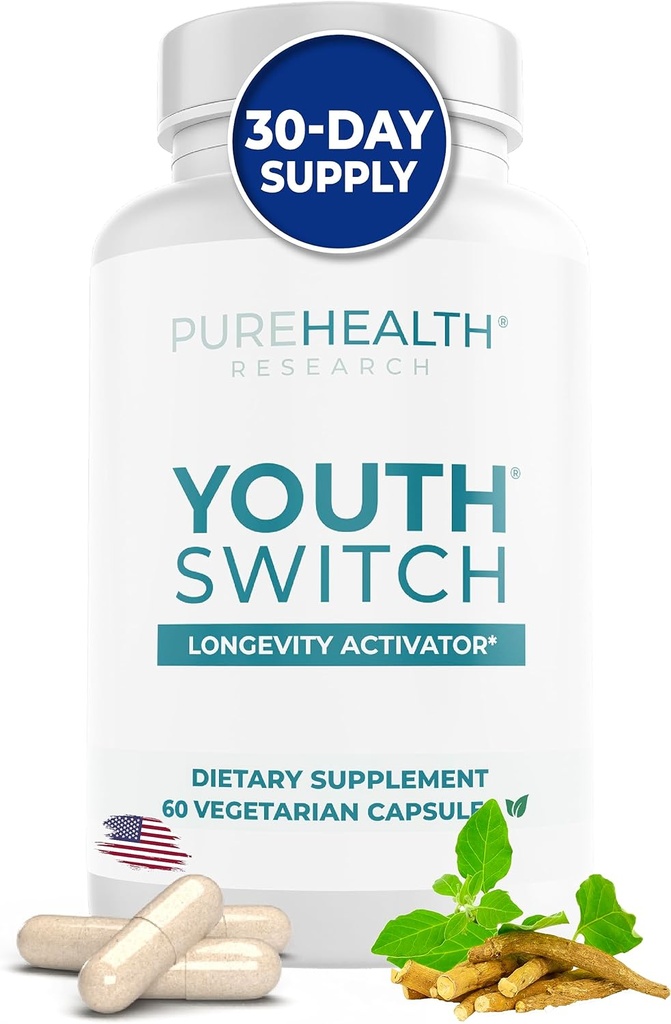 PUREHEALTH Research Youth Switch - Συμπλήρωμα κατά της γήρανσης με εκχύλισμα Ashwagandha 600 mg KSM-66 - Ενεργοποίηση μακροβιότητας - Συμπληρώματα Telomere - Διακοπή & αντίστροφη γήρανση, 1 φιάλη - 60 κάψουλες