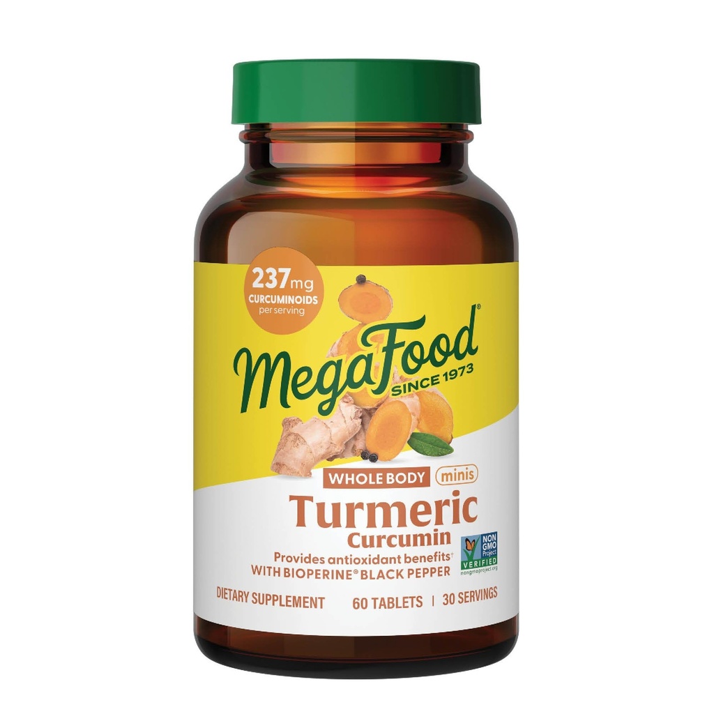 MegaFood Whole Body Minis Turmeric Curcumin Supplement - Turmeric Supplement Με Μαύρο Πιπέρι - 237 mg Κουρκουμινοειδή Per Serving - Αντιοξειδωτικό & Ανοσοποιητική Υποστήριξη - Vegan - 60 Mini Tablets, 30 Servings