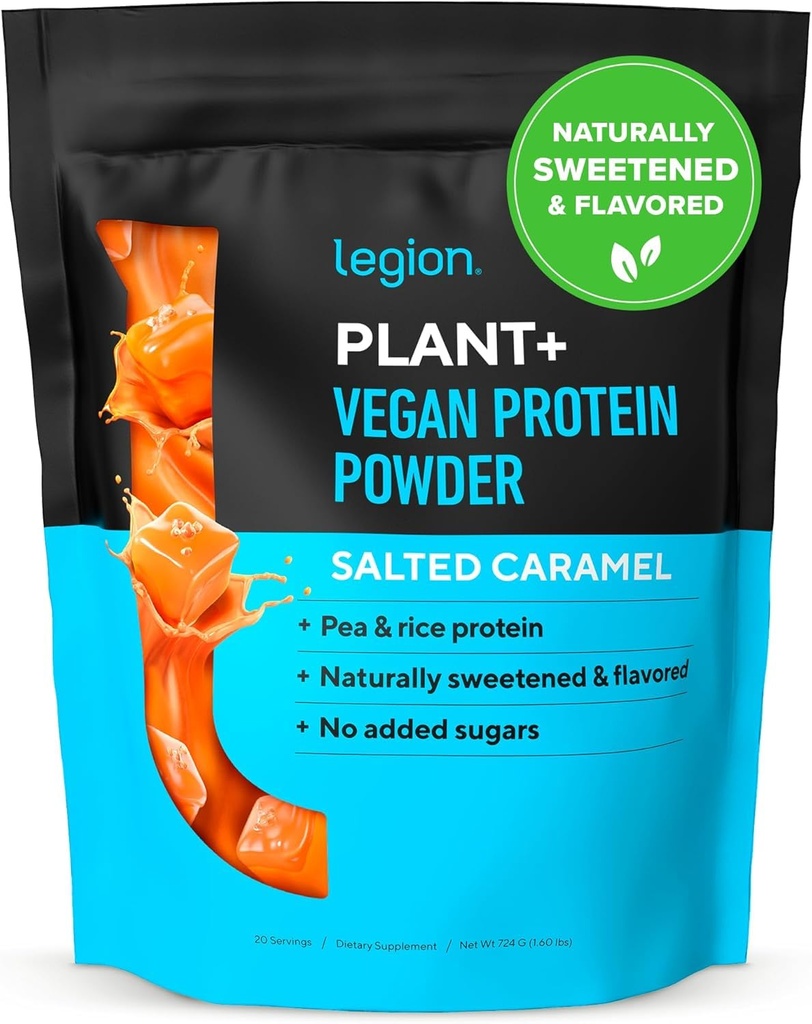 LEGION Plant+ Vegan Protein Powder, Rice and Pea, Φυτικό Μείγμα Πρωτεΐνης. Χωρίς γλουτένη, χωρίς ΓΤΟ, φυσικά γλυκά και αρωματικά, 20 μερίδες, 2 Lbs (αλατισμένο καραμέλ)