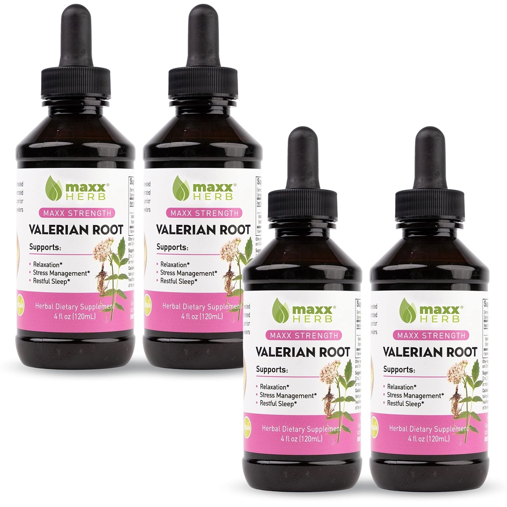 Maxx Herb Valerian Root Extract - Max Strength, Liquid Valerian Root Absorbs Better than Capsules, for Relaxation and Restful Sleep, Alcohol-Free - 4 Μπουκάλια, 4 Oz Κάθε (240 Servings)