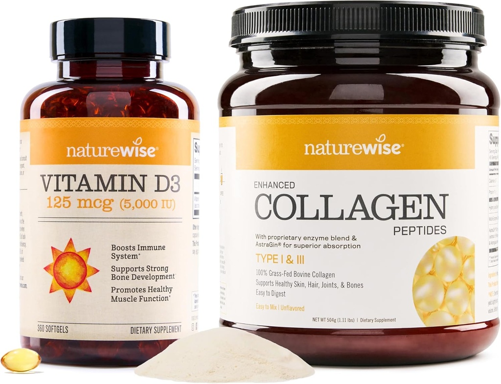 NatureWise Vitamin D3 5000iu (125 mcg) 1 έτος προσφοράς για υγιή λειτουργία των μυών Ενισχυμένα πεπτίδια κολλαγόνου (45 εξυπηρετούν) - Υδρολυμένος Τύπος I & III