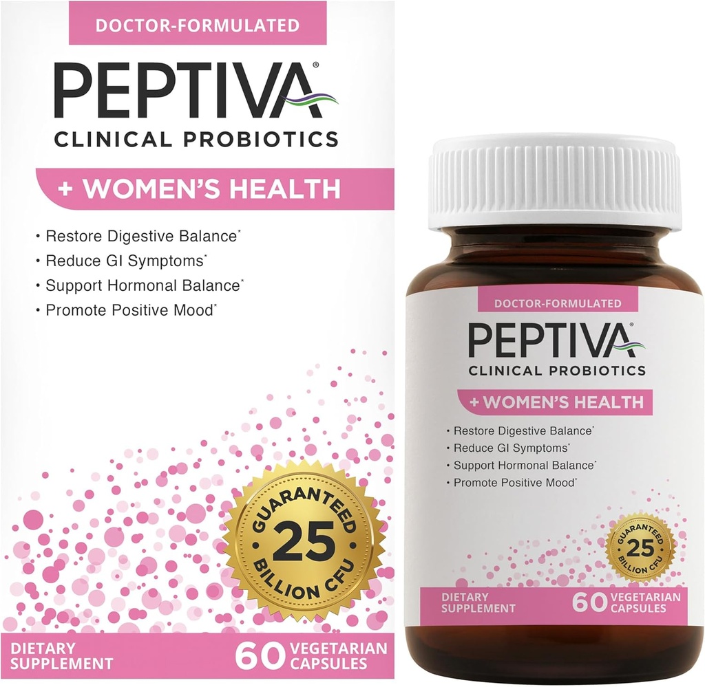Peptiva Probiotics for Women's Health - Γυναικεία Προβιοτική και Πειθιστική Υποστήριξη, 25 δισεκατομμύρια CFU, Πολυ- Στραγγιστικά Προβιοτικά, Lactobacillus Acidophilus, Bifidobacterium - 60 Χορτοφαγικά Κάψουλες