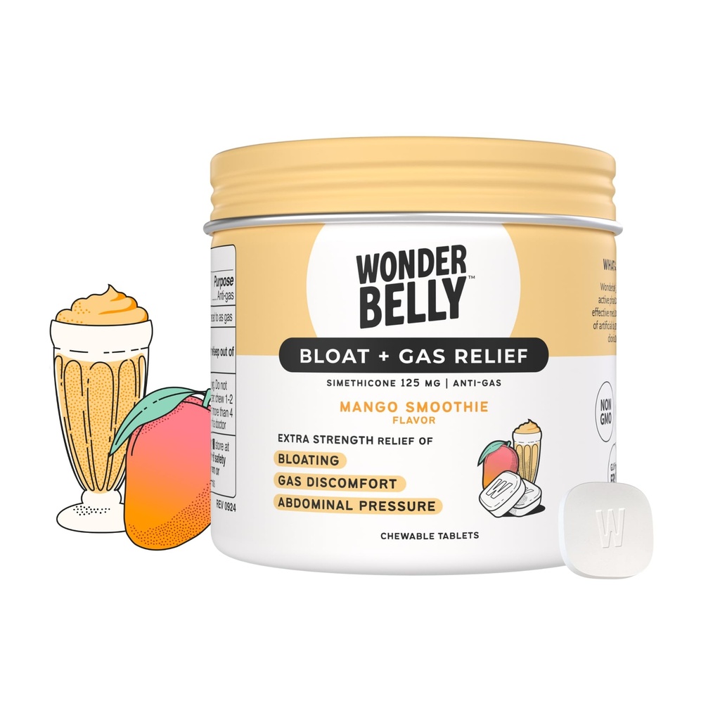 Wonderbelly Bloat Gas Relief Extra Strength Chewable Tables with 125 mg Simethicone No Talc or Dye Mango Smoothie 35 Count