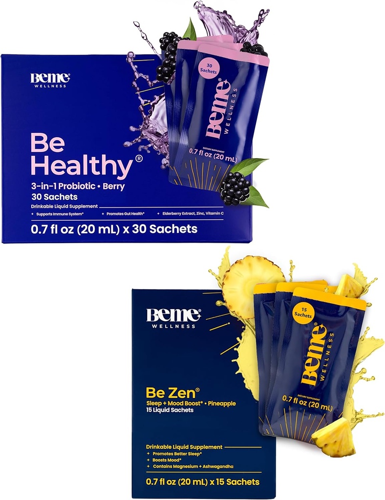 BeMe BeHealthy & BeZen Bundle - Liquid Probiotics & Magnesium Glycinate L-Theanine Supplements