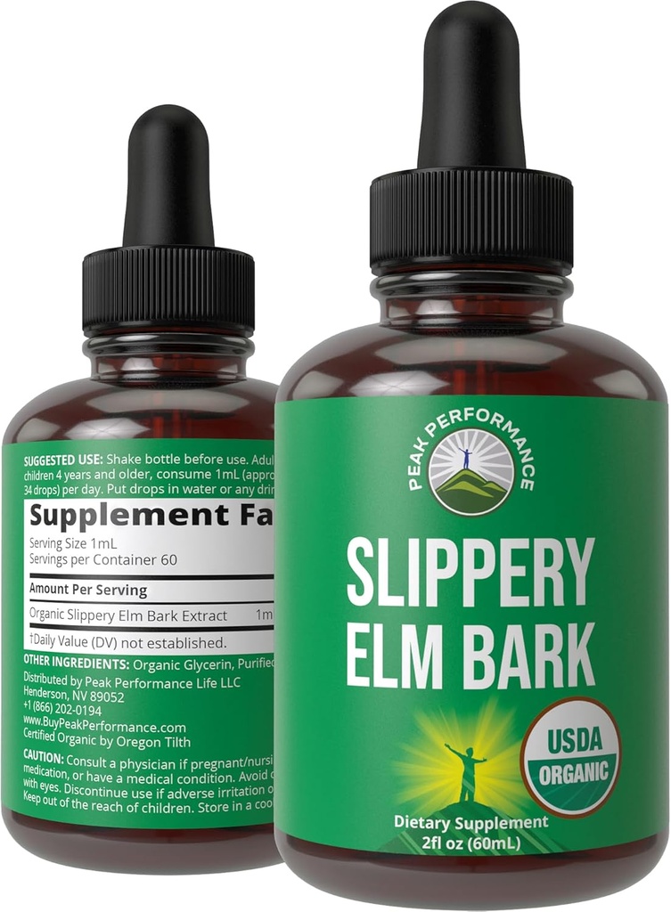 Slippery Elm Bark USDA Organic Vegan Υγρές σταγόνες. Εκχύλισμα με υψηλή βιοδιαθεσιμότητα για γυναίκες, άνδρες, παιδιά. για πονεμένο λαρύγγι, ερεθισμένο στομάχι. Μηδέν Ζάχαρη, Χωρίς γλουτένη, Συμπλήρωμα Βάμμα Όχι Καψάκια