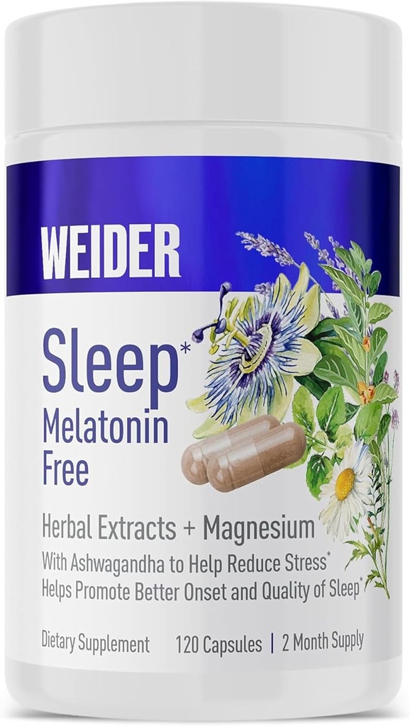 Συμπλήρωμα δωρεάν βοήθειας ύπνου Weider Melatonin με KSM-66 Ashwagandha, μαγνήσιο, λεβάντα, βάλσαμο λεμονιού, χαμομήλι, βαλεριάνα και passiflower Extracts, ορμονών & φαρμάκων- δωρεάν, μη-Habit Forming, 120ct