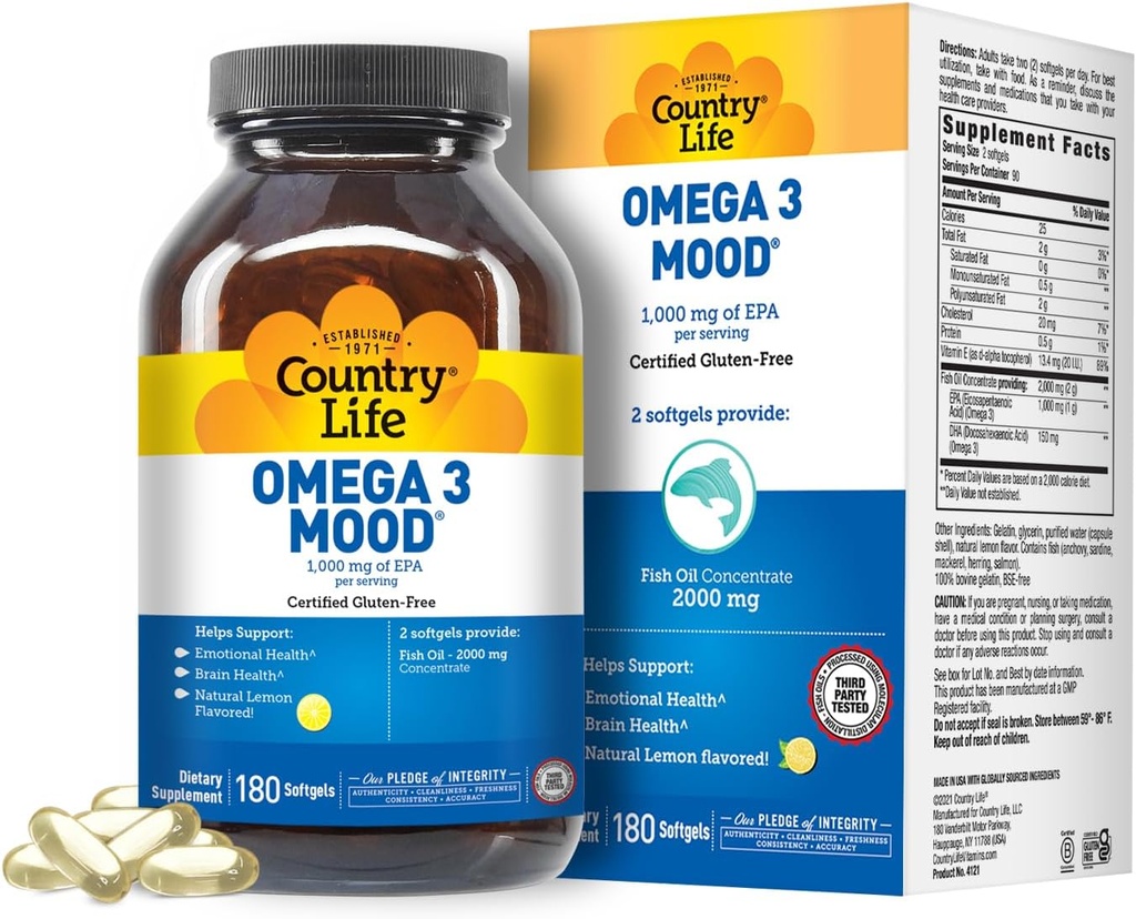 Country Life Omega 3 Fish Oil Supplement - Υψηλής συγκέντρωσης EPA και DHA Ωμέγα 3 Λιπαρά Οξέα - 2000mg Fish Oil για Συναισθηματική Υγεία, Υποστήριξη Mood, και όχι Fish Taste - Φυσικό άρωμα λεμόνι