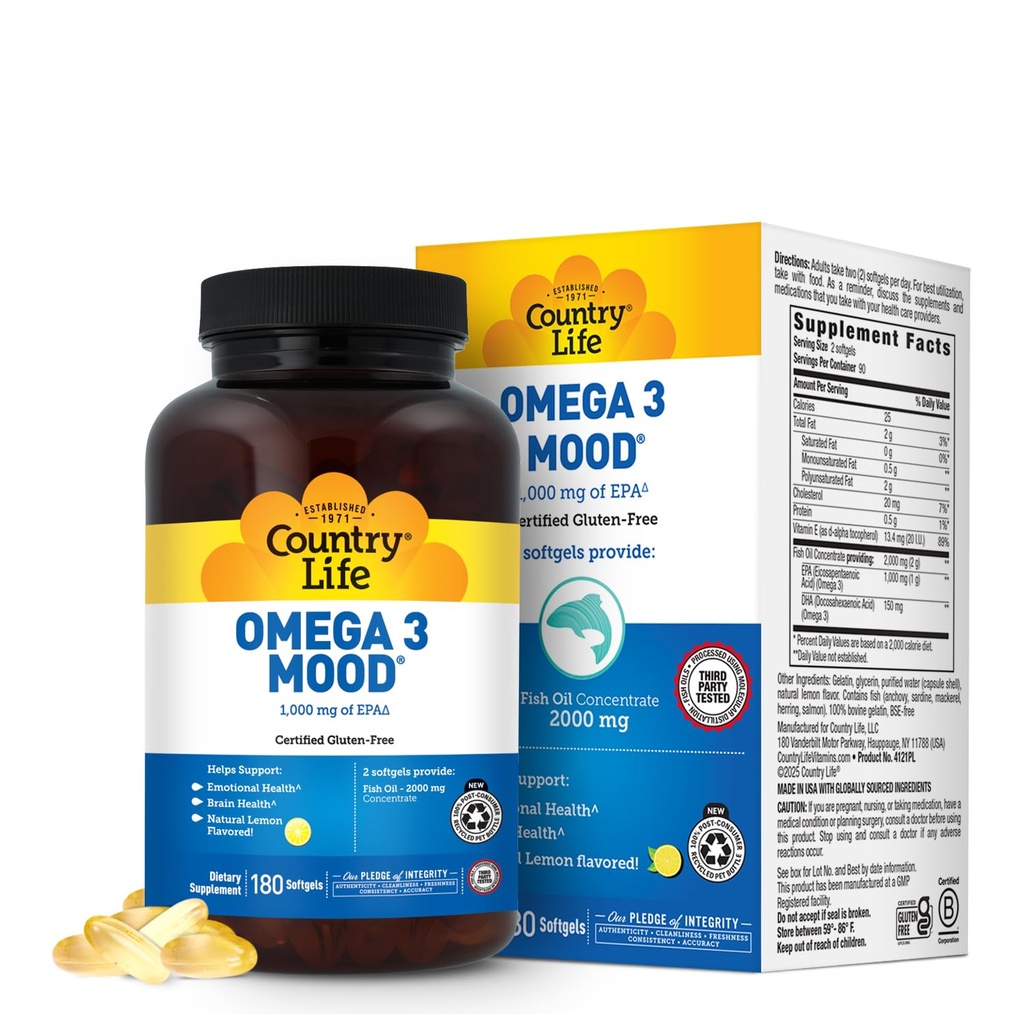 Country Life Omega 3 Fish Oil Supplement - Υψηλής συγκέντρωσης EPA και DHA Ωμέγα 3 Λιπαρά Οξέα - 2000mg Fish Oil για Συναισθηματική Υγεία, Υποστήριξη Mood, και όχι Fish Taste - Φυσικό άρωμα λεμόνι