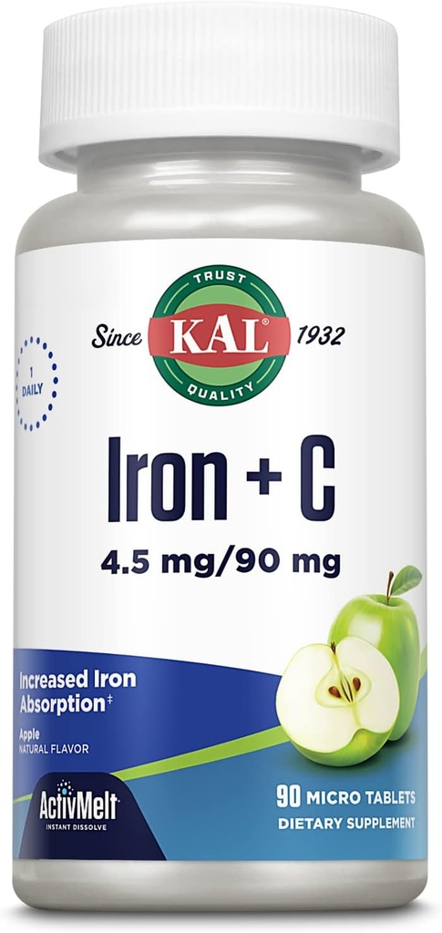 KAL Iron C, 90 Δισκία, 4. 5 mg/ 90 mg, Φυσικό άρωμα μήλου, Αυξημένα Χάπια Απορρόφησης, Ανοσοποιητική Υποστήριξη