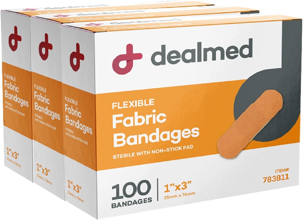 Dealmed Sterile Fabric Adhesive Bandages – 1x3 Inch – 100/Box - 3 Κουτιά - Πακέτο Πρώτης Βοήθειας - Μαλακό Patch Τραυμάτων για Ιατρικές, Επείγουσες Κιτ & Κλινική