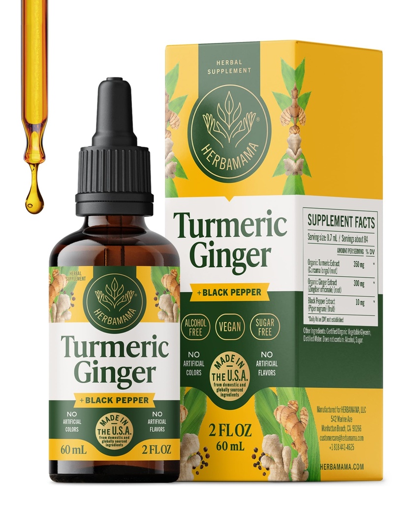 HERBAMAMA Turmeric Curcumin and Ginger Supplement - Vegan Immune Blend με Liquid Ginger Root, Turmeric & Black Pepper Extract - Μη ΓΤΟ, Αλκοόλ & Χωρίς Ζάχαρη Ασυλία