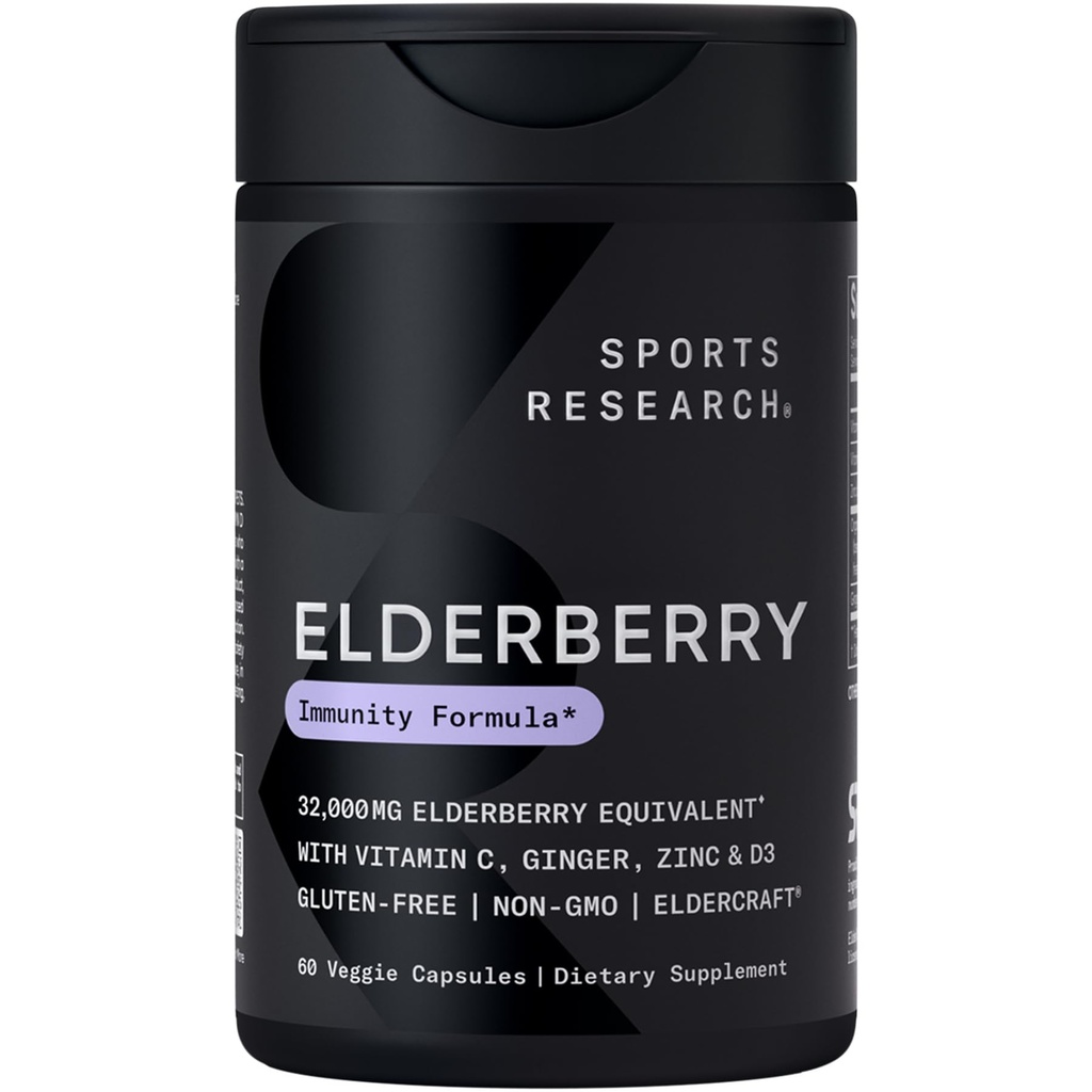 Sports Research Black Elderberry με ψευδάργυρο, βιταμίνη C, και βιταμίνη D, ανοσοποιητικό συμπλήρωμα υποστήριξης για ενήλικες, 60 κάψουλες