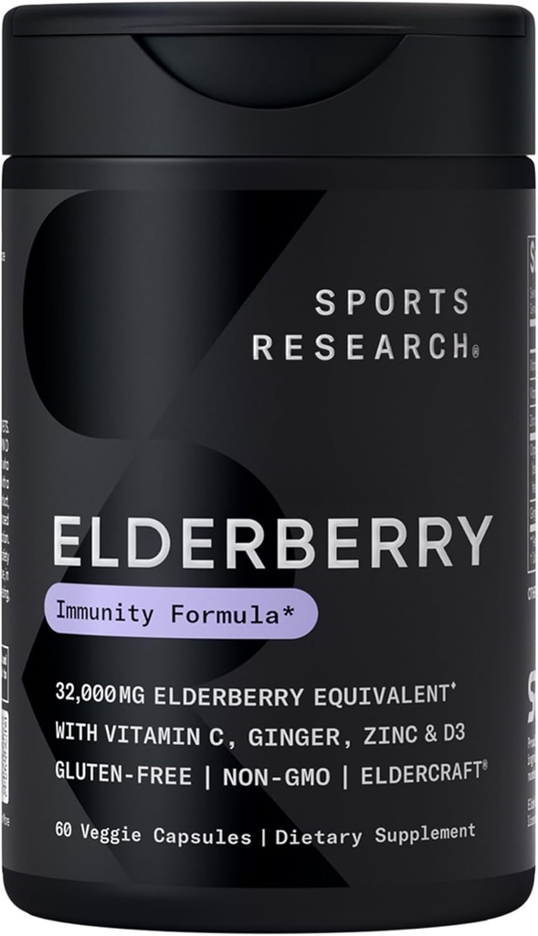 Sports Research Black Elderberry με ψευδάργυρο, βιταμίνη C, και βιταμίνη D, ανοσοποιητικό συμπλήρωμα υποστήριξης για ενήλικες, 60 κάψουλες
