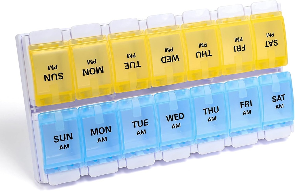 Sukuos AM PM Weekly Pill Organizer 7 Day, 2 times A Day Medicine Pill Box with Easy Push Button, BPA Δωρεάν Βιταμίνη Θήκες για το ιχθυέλαιο/Συμπληρώματα, Εύκολο να καθαρίσετε (Κίτρινο & Μπλε)