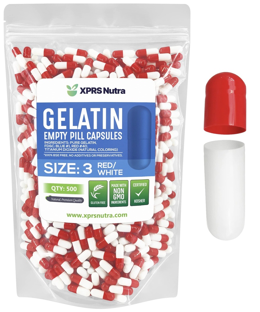 XPRS Nutra Size 3 Empty Capsules - 500 Count Empty Gelatin Capsules - Pills DIY Capsule Filling - Pure Bovine Pill Gel Caps for Do-It-Yourself Supplements (Red/White)