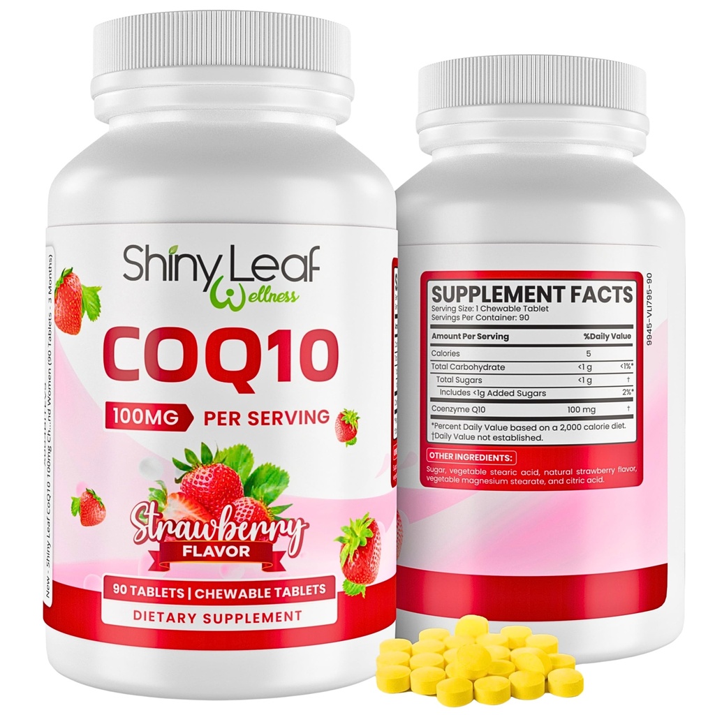 Shiny Leaf CoQ10 100mg - Chewable CoQ10 Supplement - Coenzyme Q10 for Heart Health & Energy - Natural Co Q 10 Supplement for Cardiovascular Wellness - 100mg Chewable Tablets, 90 Tablets, Made in USA