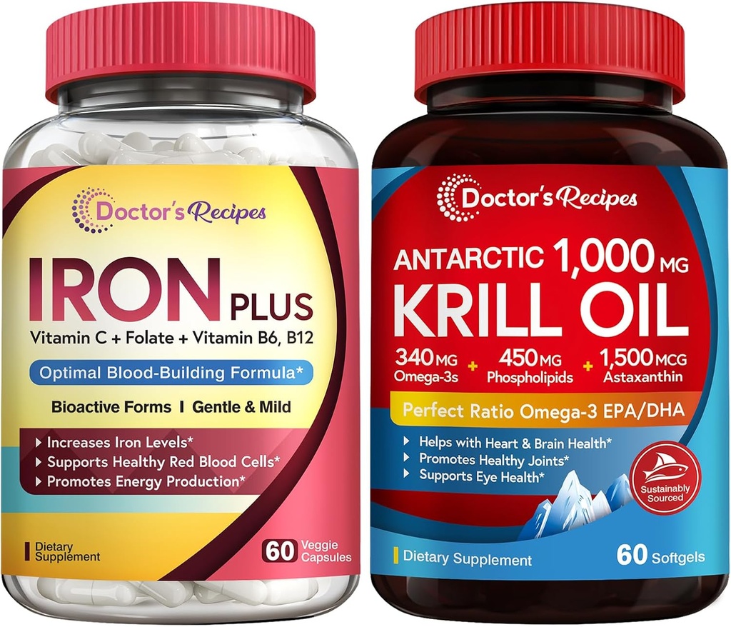 Συνταγές Doctor's Iron Bisglycinate & Krill Oil Bundle, Blood & Energy Support, Joint, Brain and Eye Health Support, No Gluten, Probiotics (60 κάψουλες) & Krill Oil (60 Softgels)