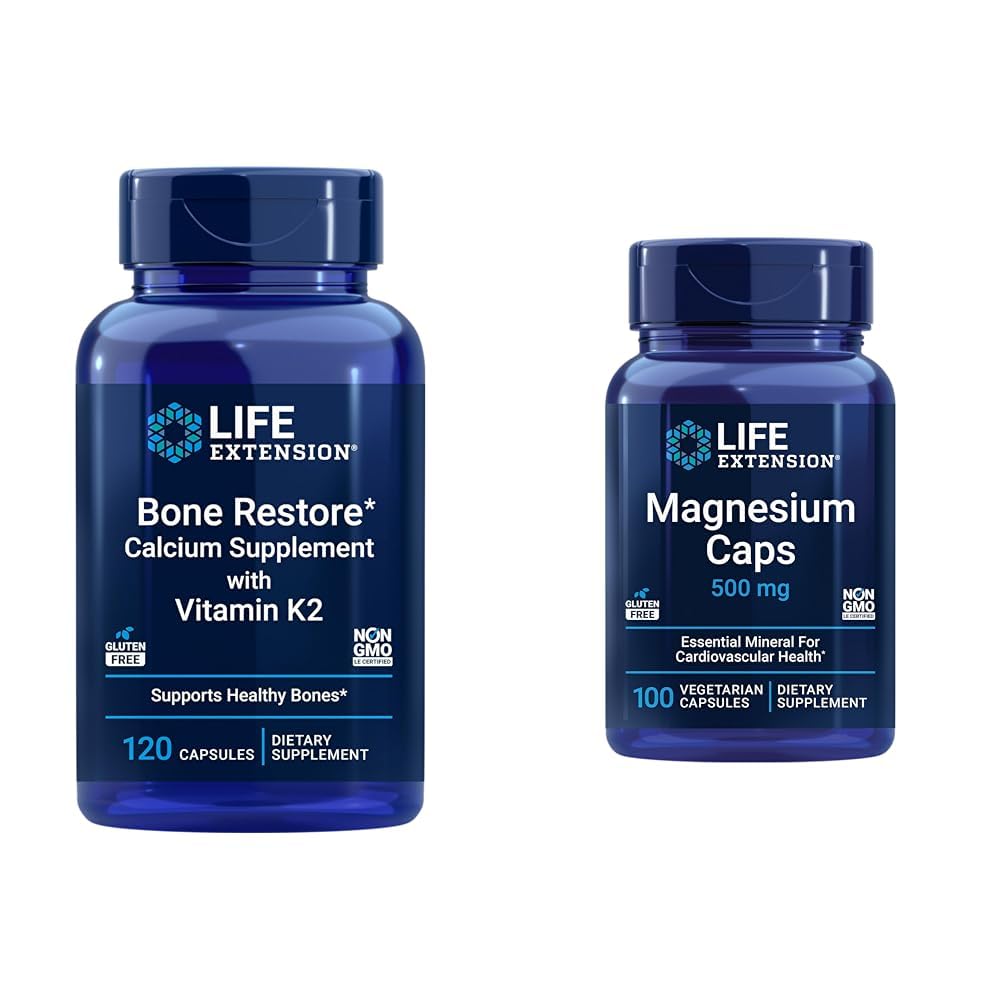 Life Extension Bone Restore + Βιταμίνη K2 Βιταμίνες & Ορυκτά Διατηρήστε την Υγεία & τη Δύναμη των Οστών & Μαγνήσιο Caps, 500 mg, Οξείδιο του Μαγνήσιου, Κιτρικό, Ηλεκτρικό, Υγεία της Καρδιάς, Υγιή Οστά