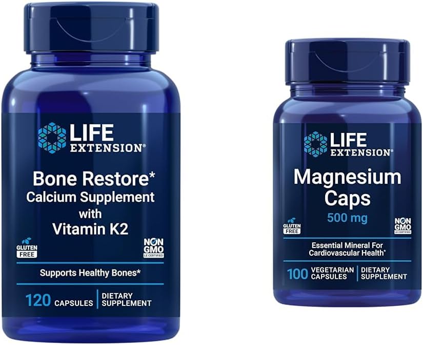 Life Extension Bone Restore + Vitamin K2 Vitamins & Minerals Maintain Bone Health & Strength & Magnesium Caps, 500 mg, Magnesium Oxide, Citrate, Succinate, Heart Health, Healthy Bones