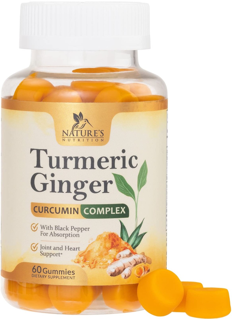 Turmeric Curcumin Supplement Gummies - 95% Κουρκουμινοειδή με Turmeric & Ginger, Μαύρο Πιπέρι για Καλύτερη Απορρόφηση, Vegan Κοινή Υποστήριξη της Φύσης, Μη-GMO, Χωρίς Γλουτένη, Νόστιμο Ροδάκινο Γεύση - 60 Gummies