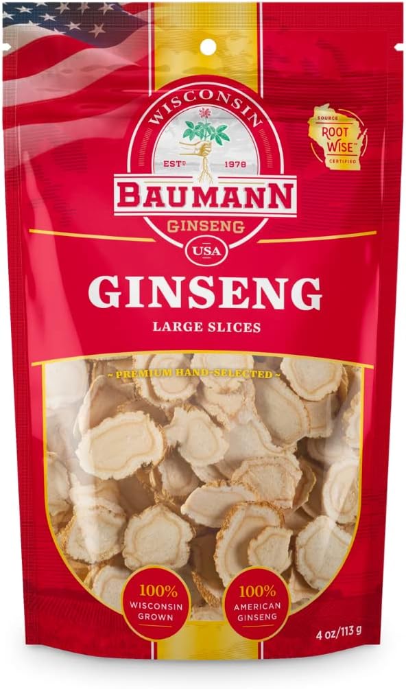 Baumann Wisconsin Ginseng - Μεγάλες φέτες 4 oz - 100% φυσικό βότανα Panax Ginseng, καθαρό αποξηραμένο αμερικανικό τζινσενγκ για την υποστήριξη του ανοσοποιητικού, ενισχυμένη εστίαση και ενέργεια