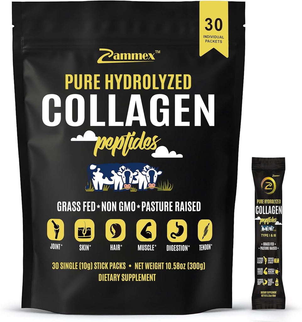 Premium Collagen Peptides σκόνη, 30 Sticks Travel Packets (Type I, III), Άγευστη Collagen Protein Powder to Go, Hydrolyzed Collagen Peptides for Skin Hair Nail Joint, 10g per Serving, Paleo & Keto