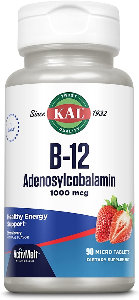 KAL Vitamin B12 Adenosylcobalamin 1000 mcg - B 12 Vitamin, Active B-12 1000mcg for Women & Men, Energy Support - Strawberry Flavor - 90 ActiveMelt Micro Tablets