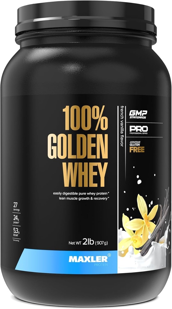 Maxler 100% Golden Whey Protein - 24g of Protein per Serving - Premium Whey Protein Powder for Pre Post Workout - Fast-Absorbing Whey Concentrate Isolate Hydrolysate Blend - French Vanilla Protein 2lb