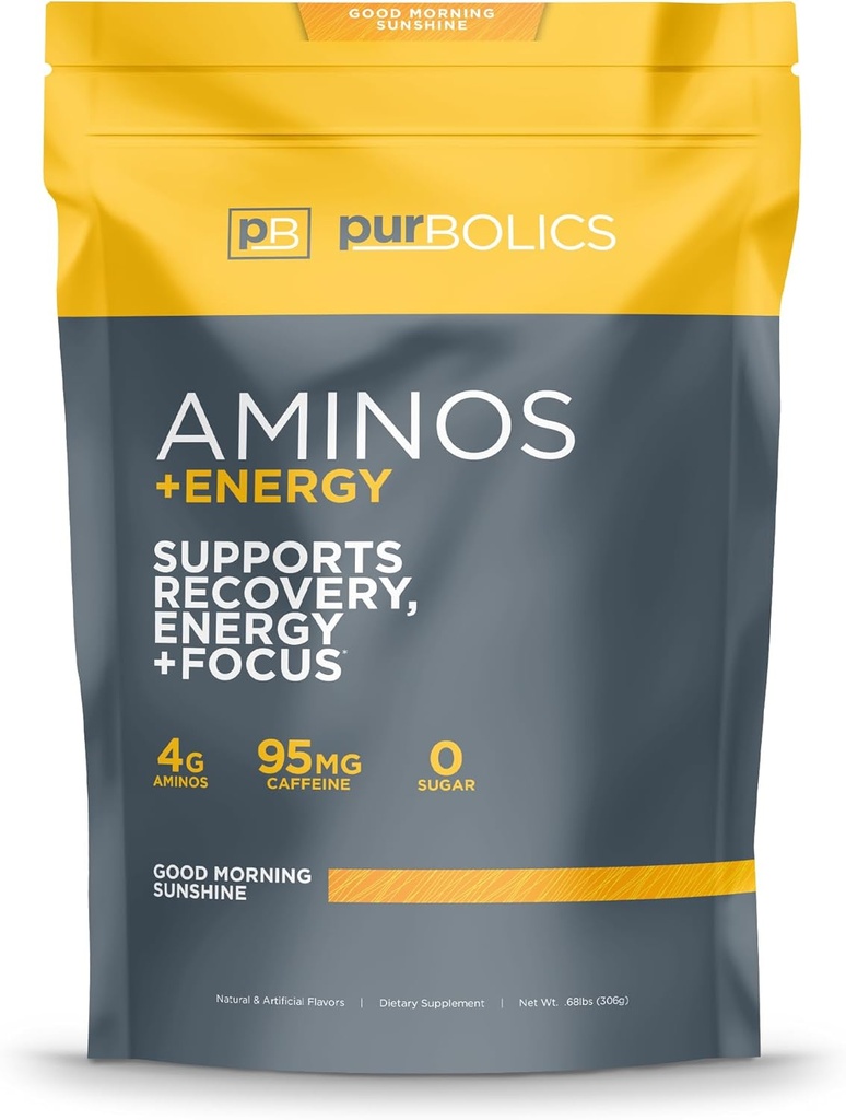 Purbolics Aminos + Energy | Supports Recovery, Energy & Focus | 95mg of Caffeine, 0 Sugar & 60 Servings (Good Morning Sunshine)