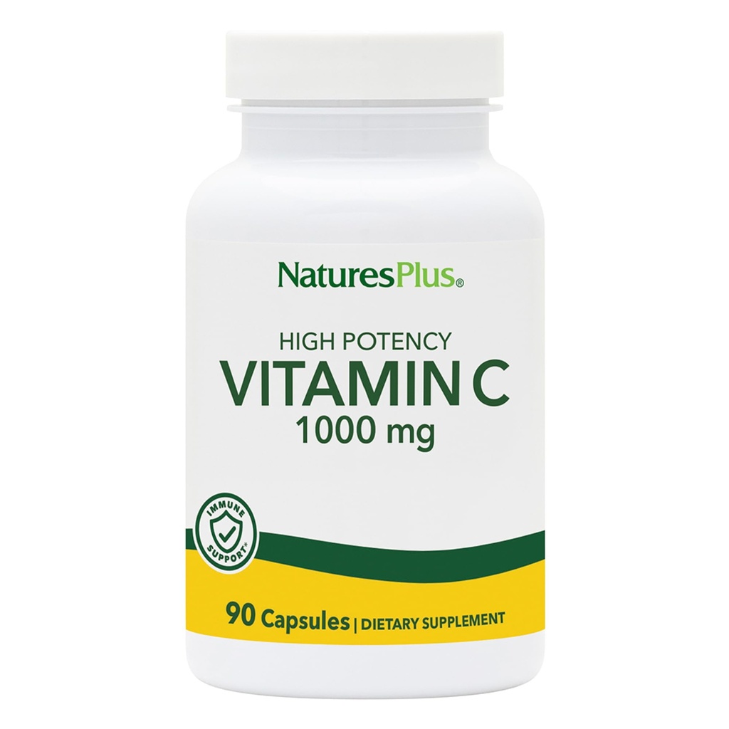 Natures Plus Vitamin C - 1000 mg Ασκορβικό οξύ, 90 κάψουλες χορτοφαγικών - Υψηλής ισχύος Αγγειακό & ανοσοποιητικό συμπλήρωμα υποστήριξης, Αντιοξειδωτικό - Χωρίς καλαμπόκι, Χωρίς γλουτένη - 90 Σερβιέτες