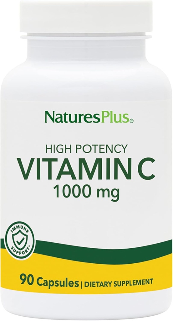 Natures Plus Vitamin C - 1000 mg Ασκορβικό οξύ, 90 κάψουλες χορτοφαγικών - Υψηλής ισχύος Αγγειακό & ανοσοποιητικό συμπλήρωμα υποστήριξης, Αντιοξειδωτικό - Χωρίς καλαμπόκι, Χωρίς γλουτένη - 90 Σερβιέτες
