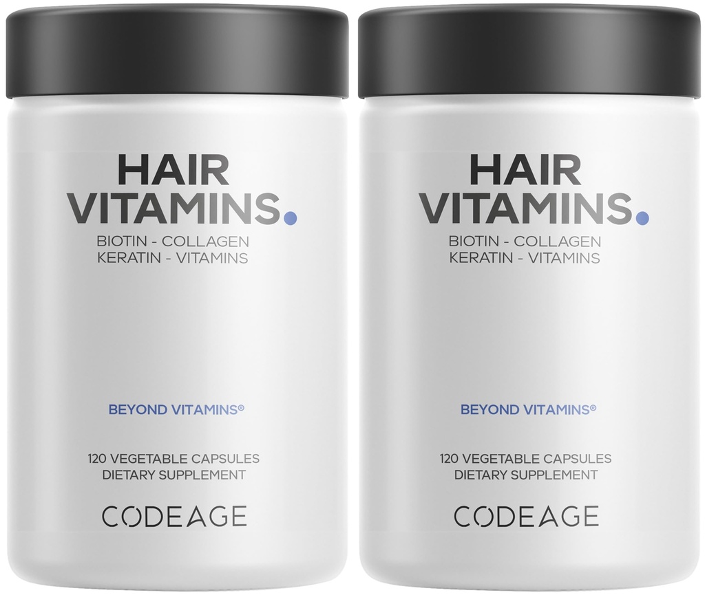 Codeage Βιταμίνες μαλλιών 10000 mcg Βιοτίνη, Κερατίνη, Κολλαγόνο, Βιταμίνη Α, B12, C, D3, E, Ψευδάργυρος, Κουρκουμάς, Προβιοτικά, Ένζυμα, Ινοσιτόλη - Υποστήριξη για την περιποίηση των μαλλιών - Υγιή χάπια συμπλήρωμα μαλλιών - 2 Pack
