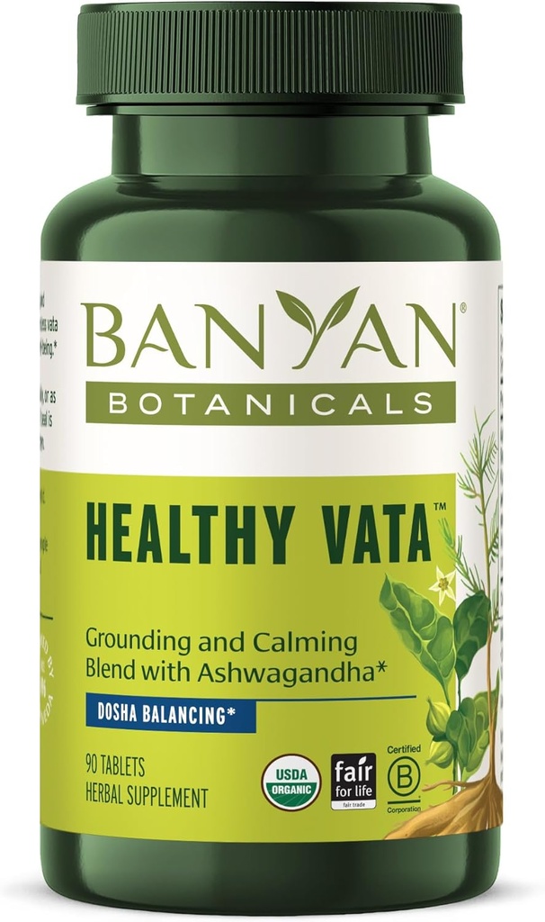 Banyan Botanicals Healthy Vata – Βιολογικό συμπλήρωμα βοτάνων με Ashwagandha, Shatavari και άλλα αγιουρβεντικά βότανα για ήρεμη και ισορροπημένη ευεξία * – 90 δισκία – Μη ΓΤΟ Βιώσιμα που προέρχονται Vegan
