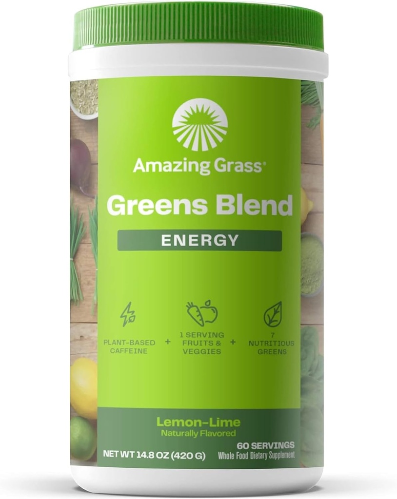Amazing Grass Greens Blend Energy: Smoothie Mix, Super Greens Powder & Plant Based Caffeine with Matcha Green Tea & Beet Root Powder, Lemon Lime, 60 Servings (Packaging May Vary)