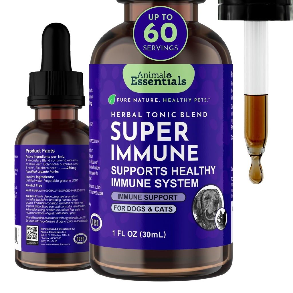Animal Essentials Super Immune for Dogs & Cats - Συμπλήρωμα υποστήριξης ανοσοποιητικού συστήματος, Echinacea, Eleuthero, εκχύλισμα φύλλων ελιάς, σταγόνες υγρού - 1 fl Oz