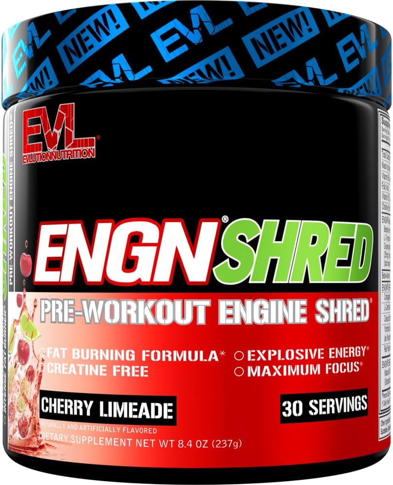 EVL Ultimate Preworkout Powder - Θερμογόνος καύση λίπους Preworkout Powder Drink for Lasting Energy Focus and Stamina - ENGN Shred Intense Fat Burning Creatine Free Preworkout Drink - Cherry Limeade