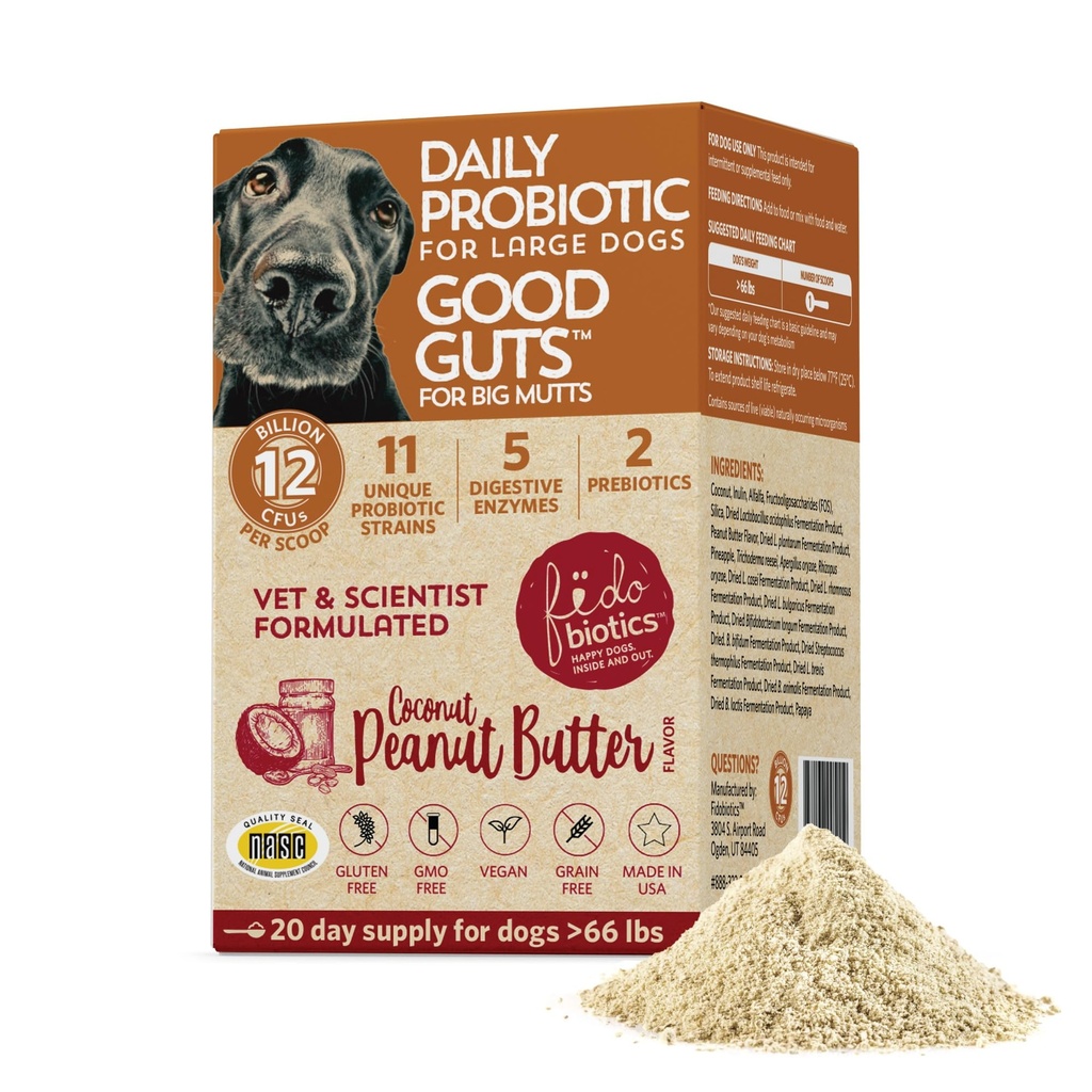 Fidobiotics Good Guts for Big Mutts Probiotic for Dogs, 12 Billion CFUs, 11 Strains, 5 Digestive Enzymes, 2 Prebiotics, Digestive Gut Health for Dogs, Adult & Puppy Probiotics Συμπληρώματα (20 Ημέρες)