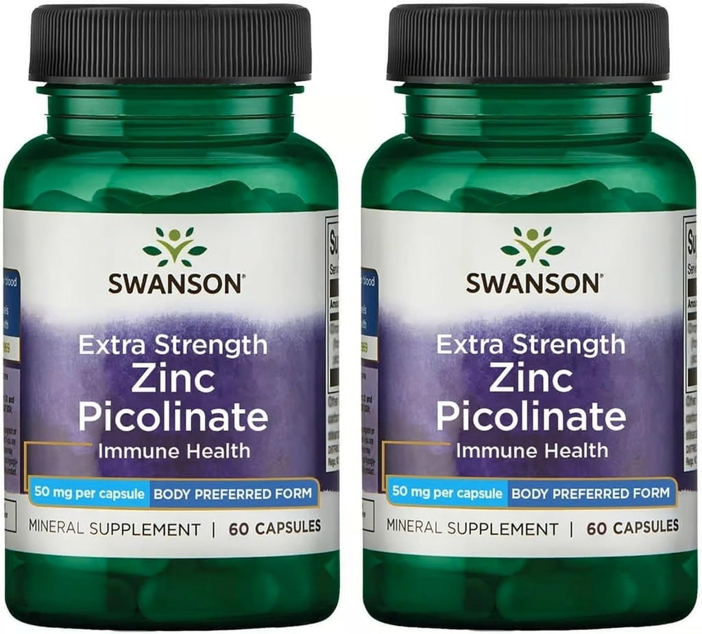 Swanson Premium Brand Extra Strength Zinc Picolinate - Body Preferred Form Immune Health Capses - 50 mg ανά κάψουλα - 60 Capsule, Συσκευασία των 2