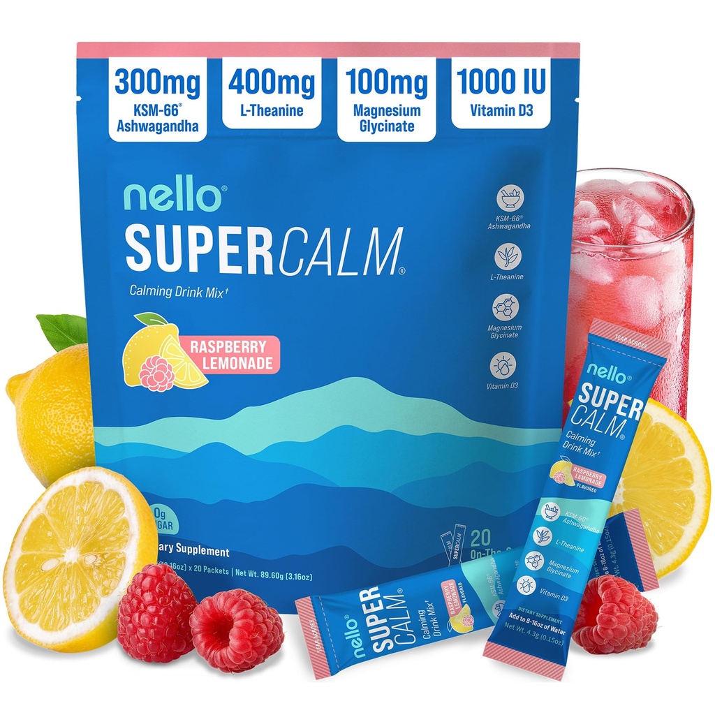 Nello Supercalm Powdered Drink Mix, Raspberry Lemonade, L Theanine, Ksm-66 Ashwagandha, Μαγνήσιο Γλυκινικό, Βιταμίνη D 3, Συμπληρώματα για χαλάρωση & εστίαση, Χωρίς ζάχαρη, μη GMO, On The Go, 20 Ct
