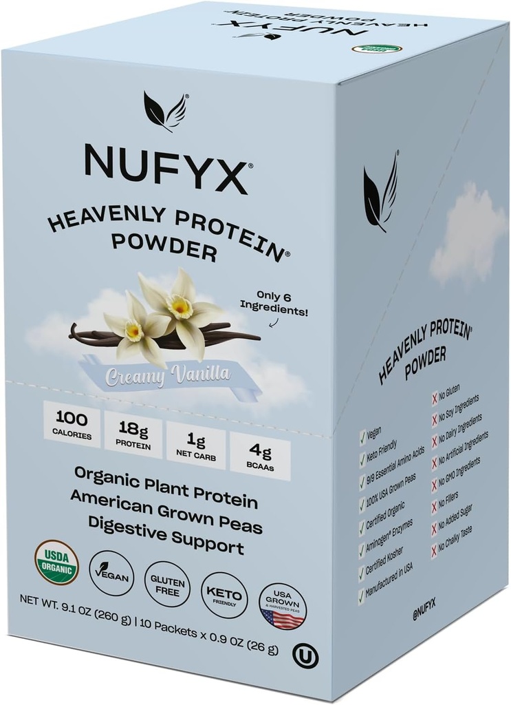 NUFYX® • Heavenly Protein® Powder • World’s Finest 100% Organic American Grown Peas • Vegan • Χωρίς γλουτένη • Low Carb (Κρέμα Βανίλια, Κουτί των 10 Πακέτων)