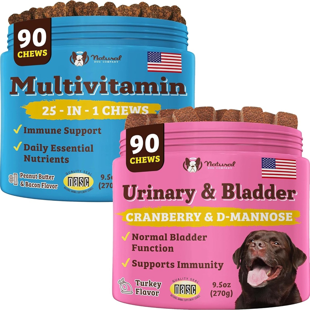 Natural Dog Company Urinary and Multivitamin Bundle - Υποστηρίζει ούρα, ανοσοποιητικό σύστημα, κοινή υγεία, και την ενέργεια - Ουσιαστικά μάσημα για τη συνολική ευεξία και ζωτικότητα των σκύλων