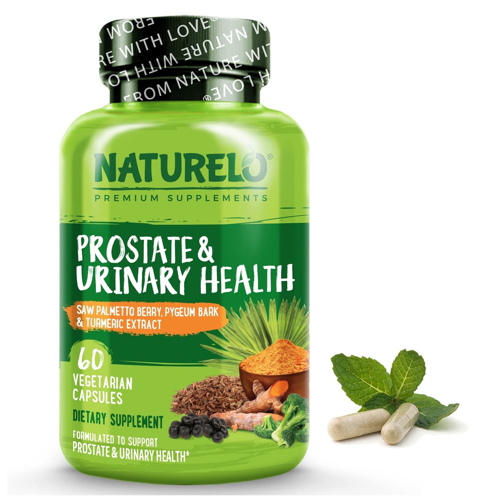 NATURELO Prostate & Urinary Health, Comprehensive Formula with Saw Palmetto, Pygeum, Tumeric, Plant Sterols, Broccoli και Lycopene, 60 κάψουλες χορτοφάγων