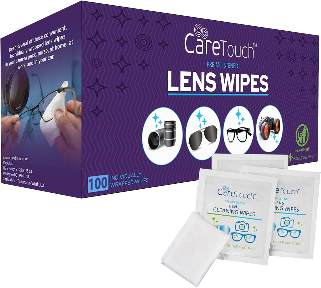 Care Touch Lens Wipes for Eyeglasses- 100 Count Individually Wrapped Pre- Moistened Wipes, 5 x 6 Inch- Camera Lens, Sunglasses and Glasses Cleaner,- Gentle and Portable for Cleaning of Optical Devices