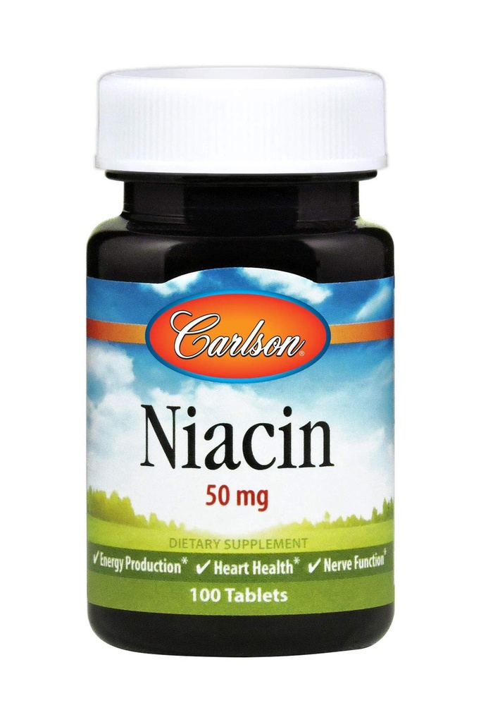 Carlson - Νιασίνη, 50 mg, Υποστηρίζει Χοληστερόλη Μεταβολισμός, Παραγωγή Ενέργειας, Υγεία Καρδιάς, Νευρική λειτουργία, 100 δισκία