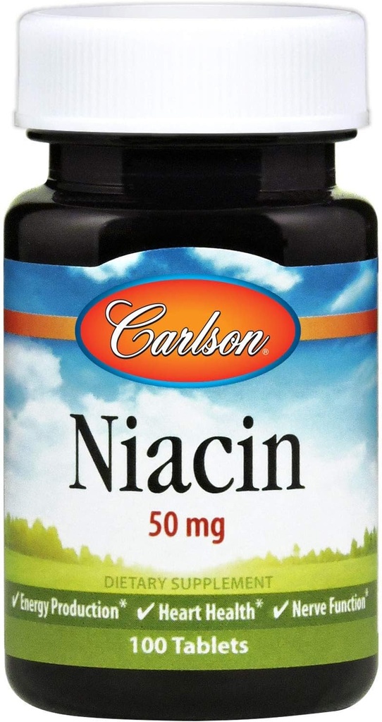 Carlson - Νιασίνη, 50 mg, Υποστηρίζει Χοληστερόλη Μεταβολισμός, Παραγωγή Ενέργειας, Υγεία Καρδιάς, Νευρική λειτουργία, 100 δισκία