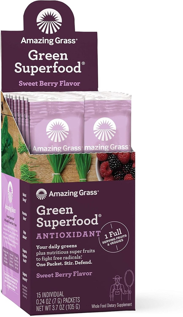 Amazing Grass Green Superfood Αντιοξειδωτικό: Super Greens σκόνη με Spirulina, Elderberry & Probiotics, Γλυκό μούρο, 15 εξυπηρετούν