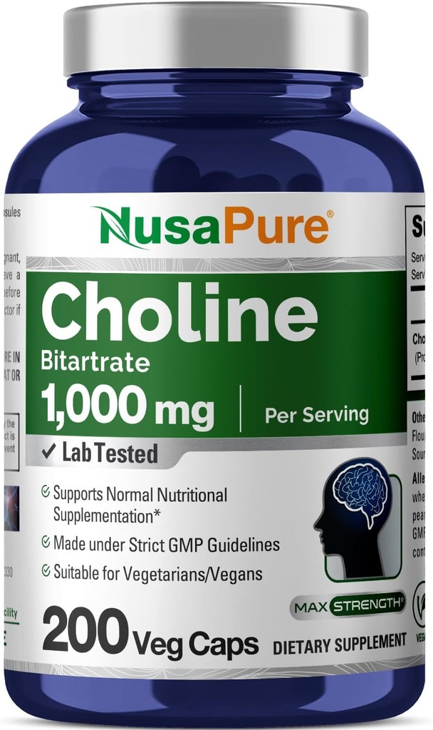 NusaPure Choline Bitartrate 1000 mg 200 κάψουλες Veggie (Βεγκανικά χορτοφαγικά, μη ΓΤΟ)